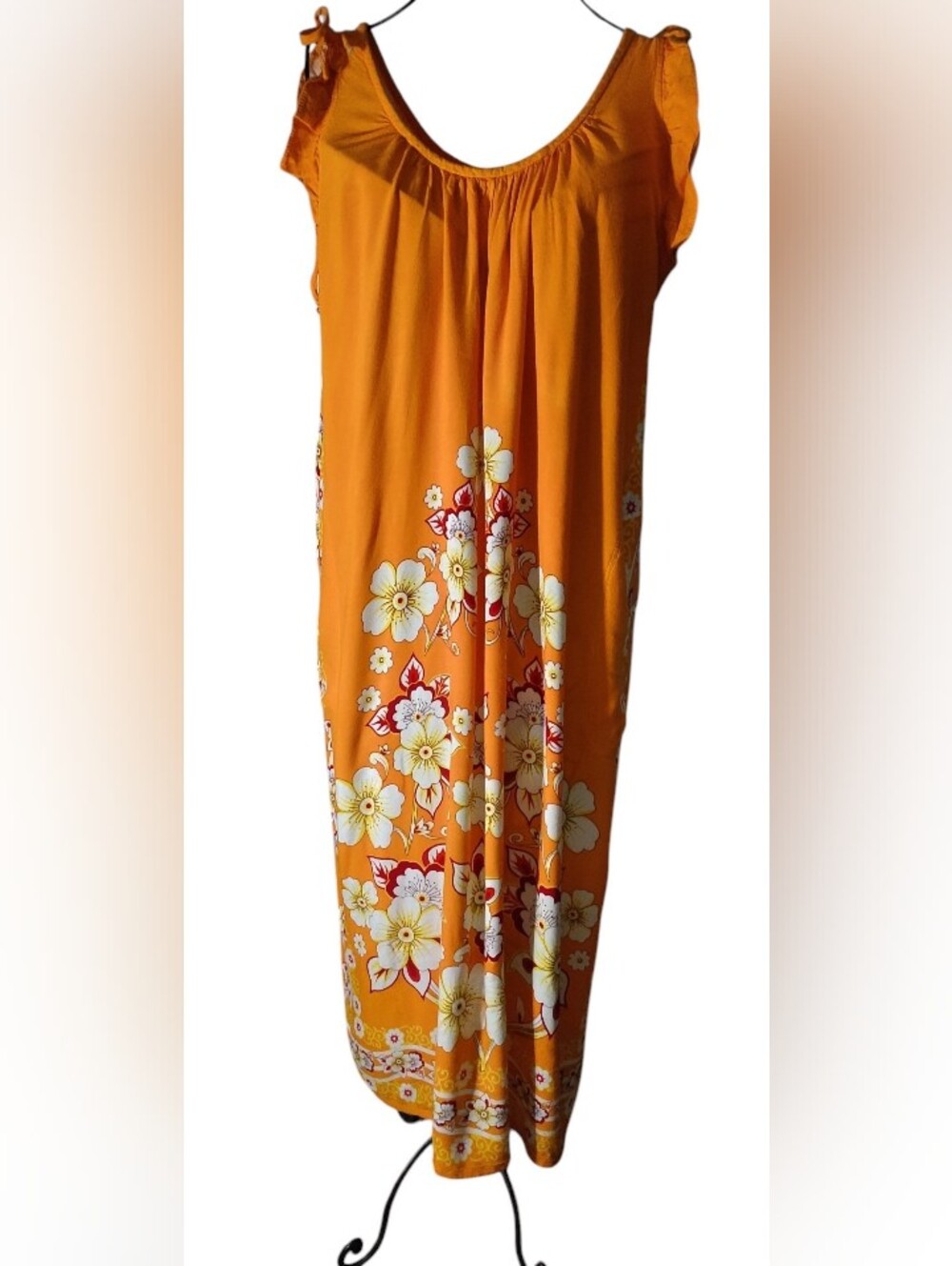 Boho Floral Orange Maxi Dress with Pockets 100% Cotton Size XL